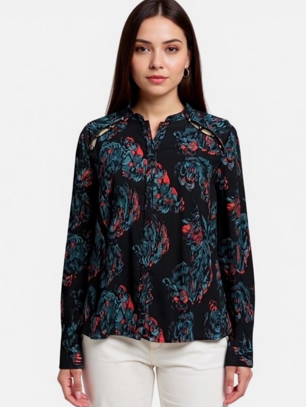 Marchesa Navy Black Blouse with Teal and Coral Floral Print